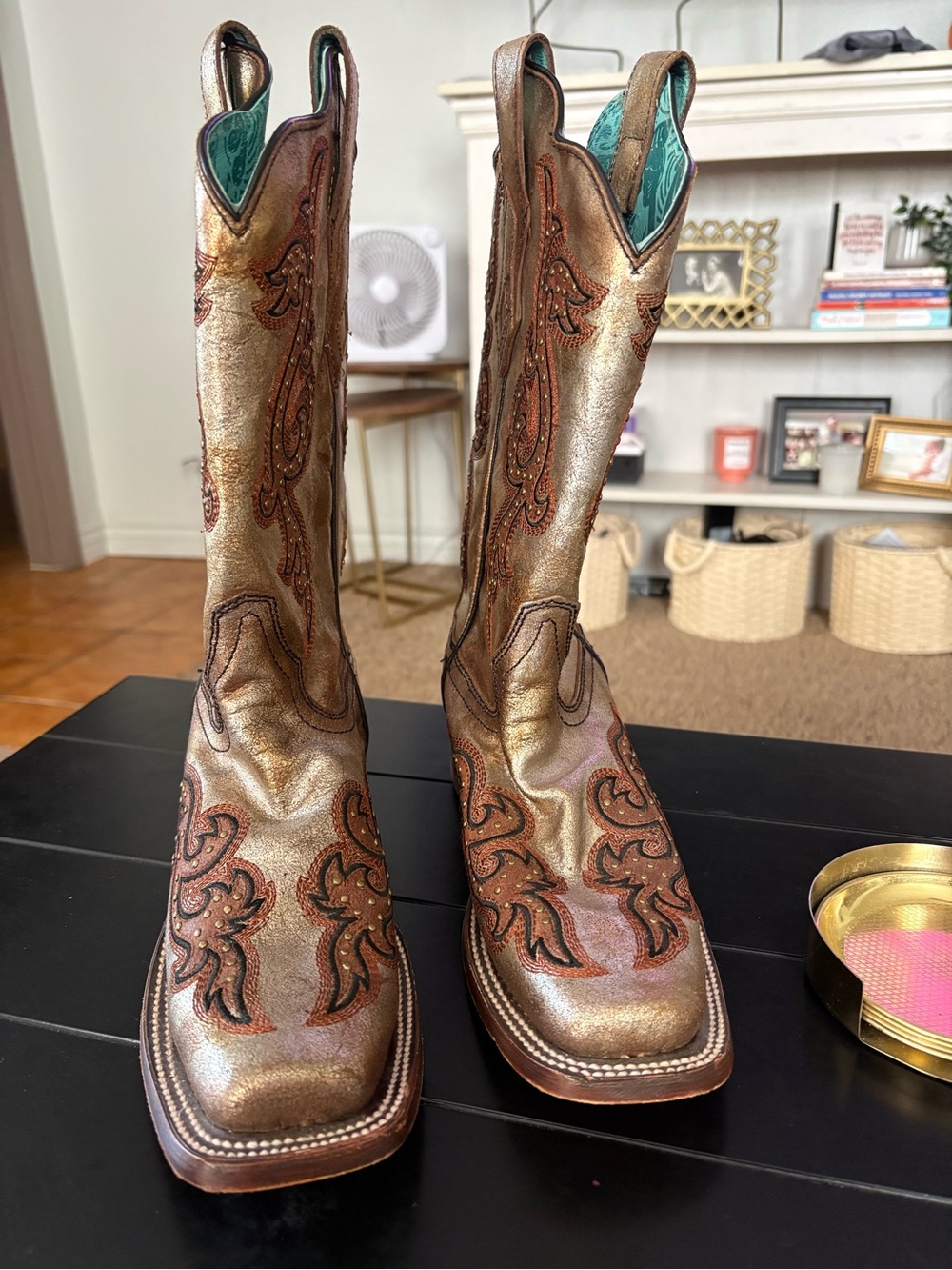Metallic Brown Embroidered Cowboy Boots - Unknown Brand
